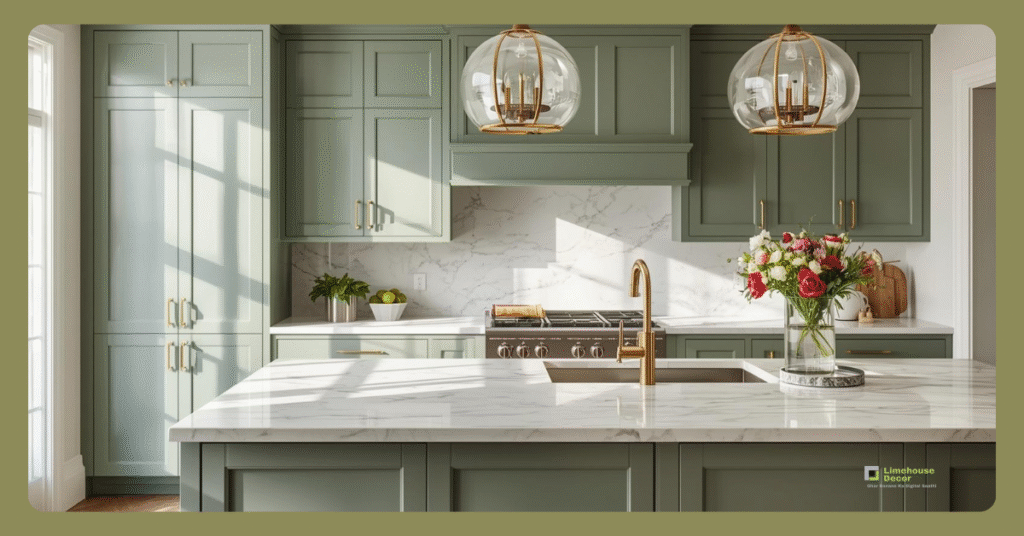 Sage green cabinets with white marble countertop and brass handles