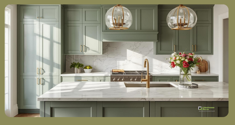 Sage green cabinets with white marble countertop