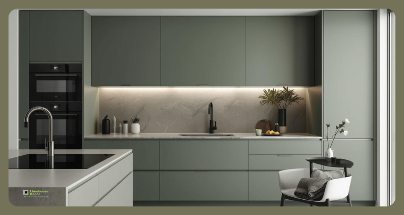 Modern minimalist kitchen with sage green cabinets and black fixtures