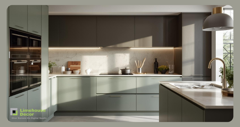 Two-tone kitchen with sage green lower cabinets and grey uppers