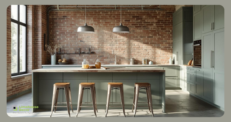 Industrial kitchen with sage green cabinets and brick wall