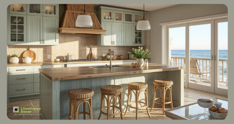 Coastal-inspired kitchen with sage green cabinets and rattan decor