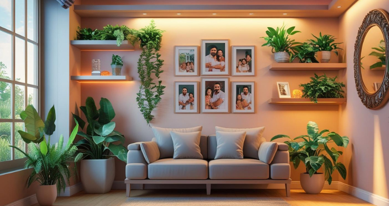 Floating shelves with plants and art for compact living room