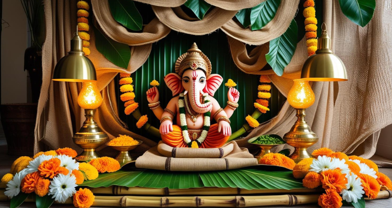 Eco-friendly Ganesh Chaturthi decoration using banana leaves and traditional brass lamps