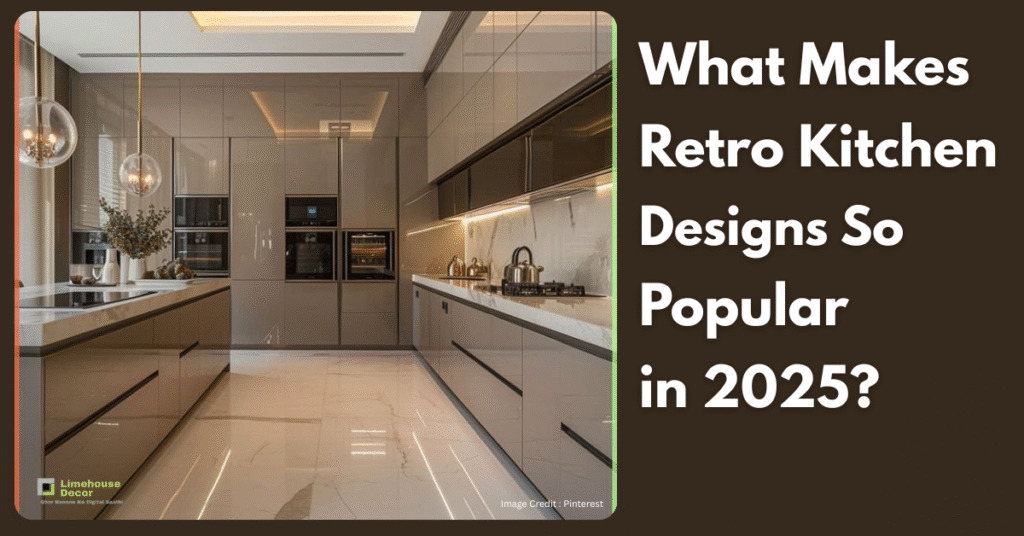 Fusion retro kitchen design combining modern cabinets with bold vintage elements.