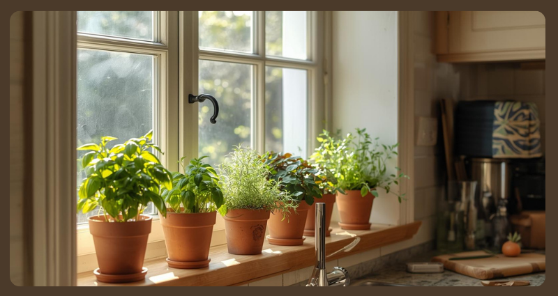 Fresh herb plants in terracotta pots on a Cottage Kitchen 