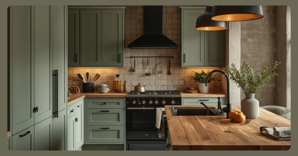 A rustic farmhouse kitchen with sage green cabinets and wooden countertops.