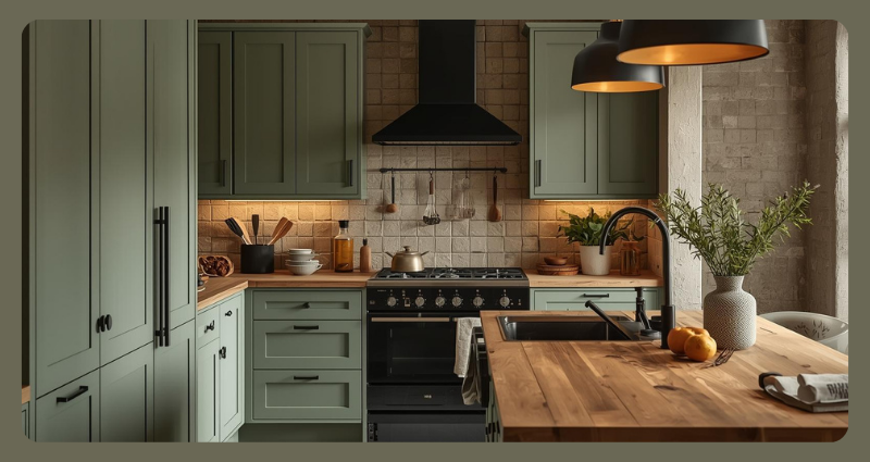 Rustic modern kitchen with sage green cabinets, wooden counters, and farmhouse sink.