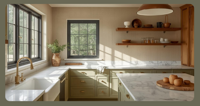 Rustic modern kitchen with sage green cabinets, quartz counters, and farmhouse sink.