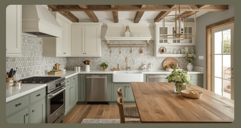 Two-tone kitchen with sage green lower cabinets and cream uppers in rustic style.