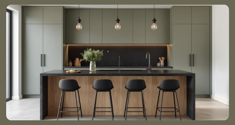 Minimalist urban kitchen with matte sage green cabinets and black countertops.
