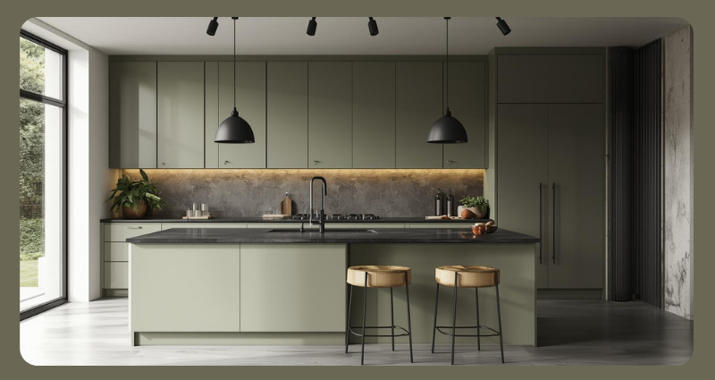 Minimalist urban kitchen with matte sage green cabinets and black countertops.
