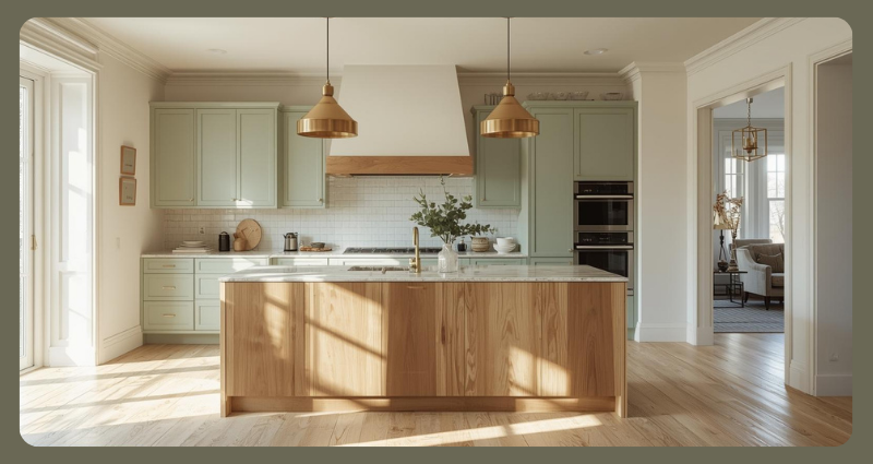Featured rustic sage green kitchen with wood island and brass pendant lights.