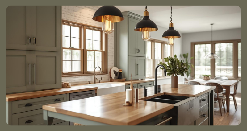 Kitchen island in sage green with pendant lights above.