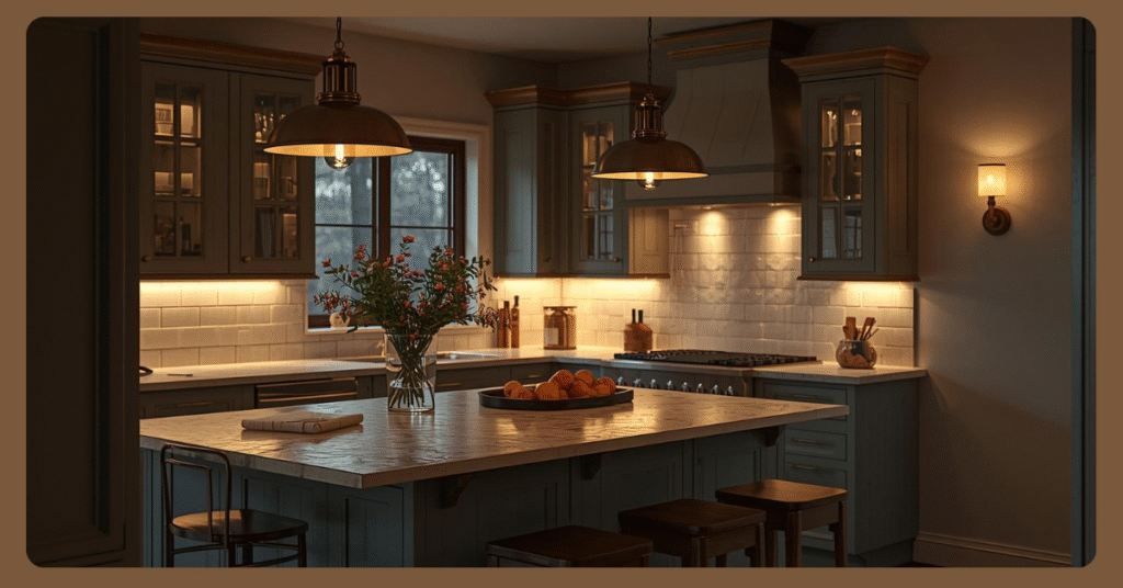 Cottage Kitchen pendant lights with under-cabinet LED for a cozy atmosphere.