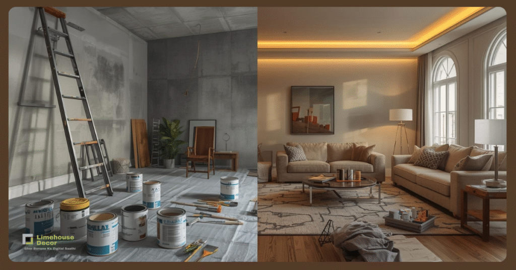 Custom home renovation in progress showing a stylish modern living room makeover.