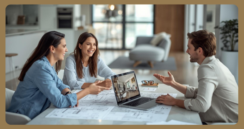 Homeowners planning a custom home renovation with 3D floor plans.
