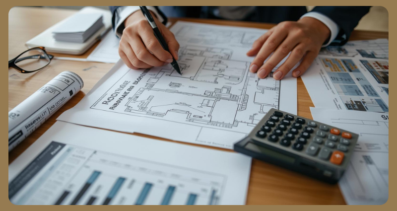 Custom home renovation budget planning with blueprints and calculator.