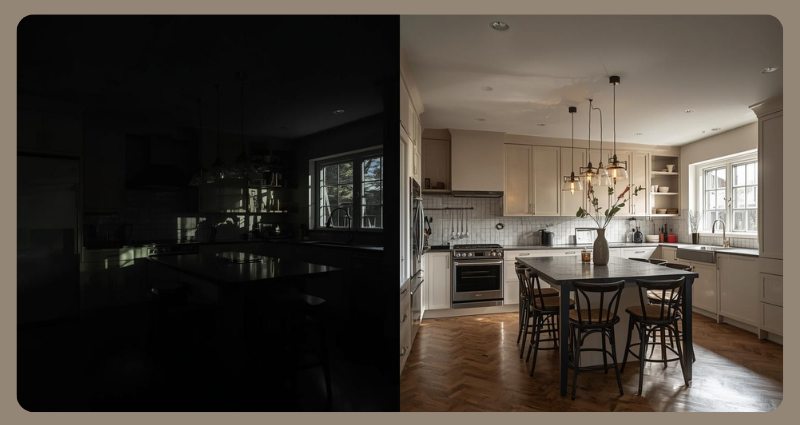 Kitchen lighting comparison in custom home renovation – dark vs well-lit design.