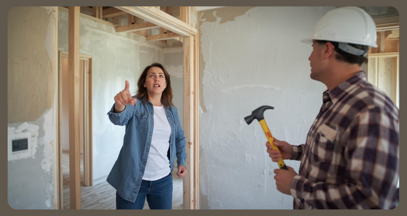 Homeowner facing issues with building contractor during custom home renovation.
