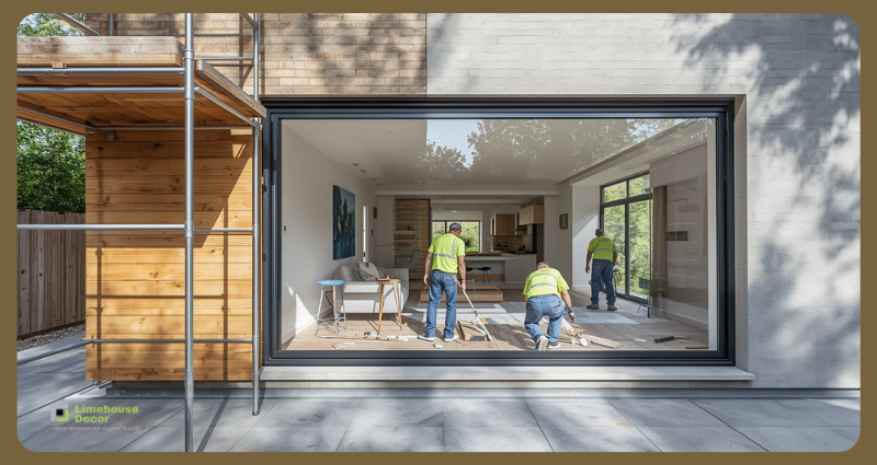 A modern family home under renovation in 2025, with scaffolding outside, open living