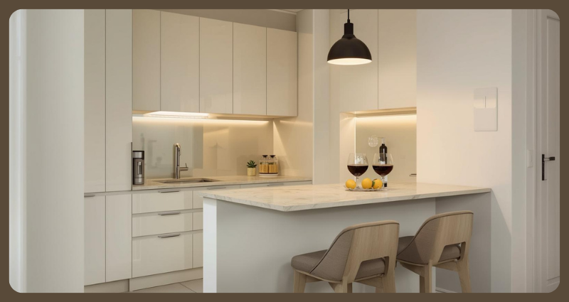 Space-saving L Shape Modular Kitchen designs with breakfast counter
