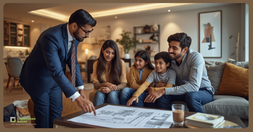 Turnkey interior contractor explaining design plan to homeowners.