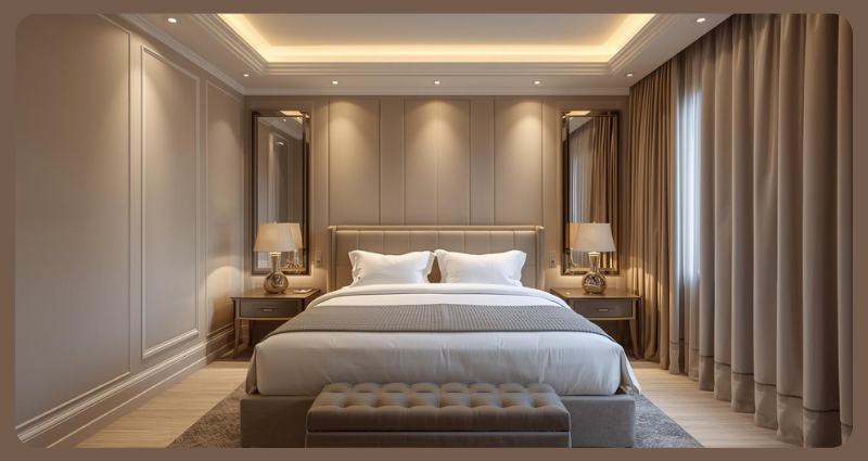 Finished bedroom delivered by turnkey interior contractor.