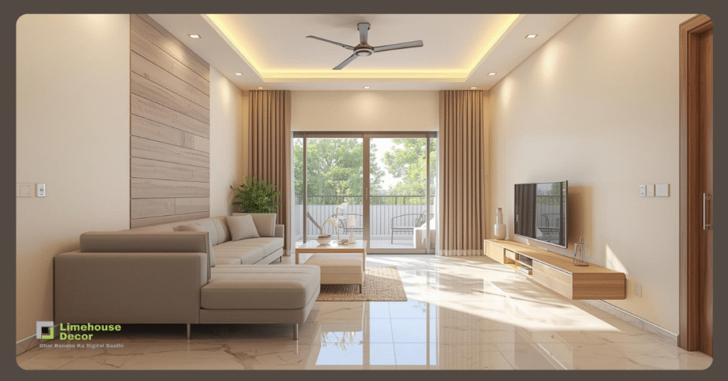 Old flat renovation under ₹2 lakh – modern Indian living room with fresh pastel walls, new vitrified flooring, modular furniture, LED recessed lights, and natural sunlight, budget-friendly stylish makeover.