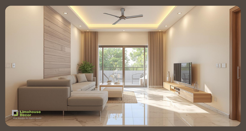 Old flat renovation under ₹2 lakh – modern Indian living room with fresh pastel walls