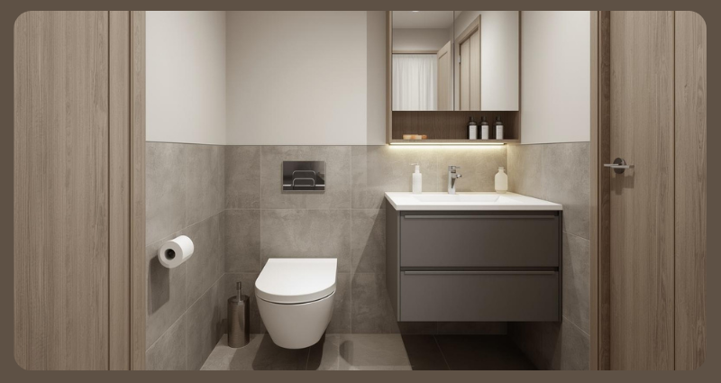 Compact bathroom renovation with anti-skid tiles and wall-hung WC in old flat