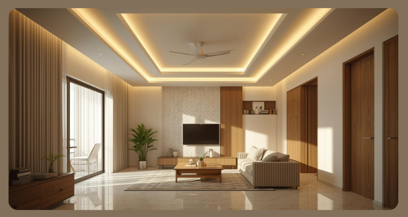 Living room false ceiling with LED recessed lights – old flat renovation idea
