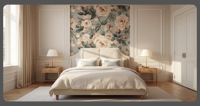 Bedroom accent wall with floral wallpaper