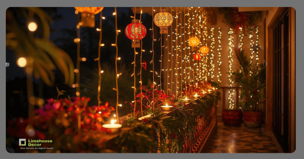 Outdoor balcony Diwali lighting ideas with fairy lights