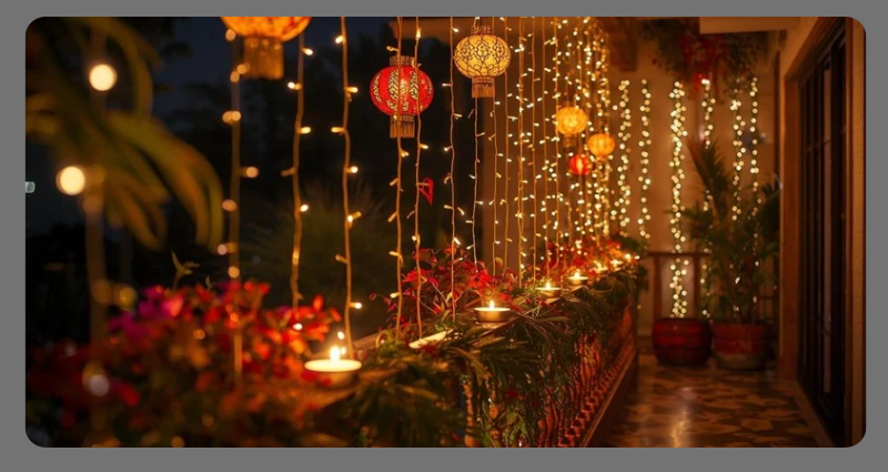 Outdoor balcony Diwali lighting ideas with fairy lights
