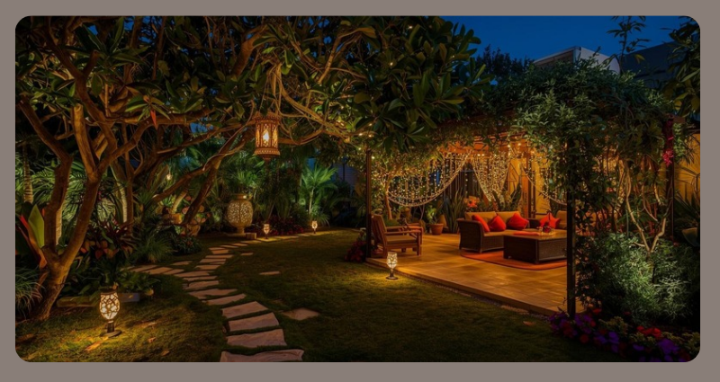 Outdoor garden Diwali lighting with solar lanterns
