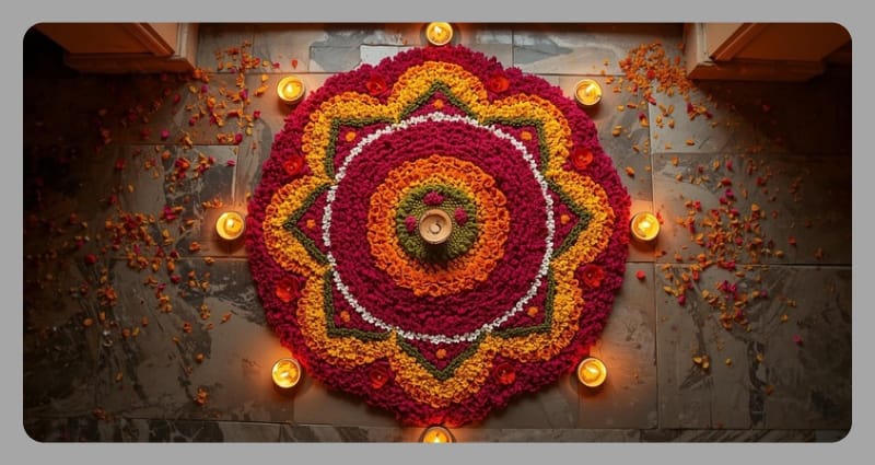 Traditional flower rangoli with diyas – Diwali home decoration ideas 2025