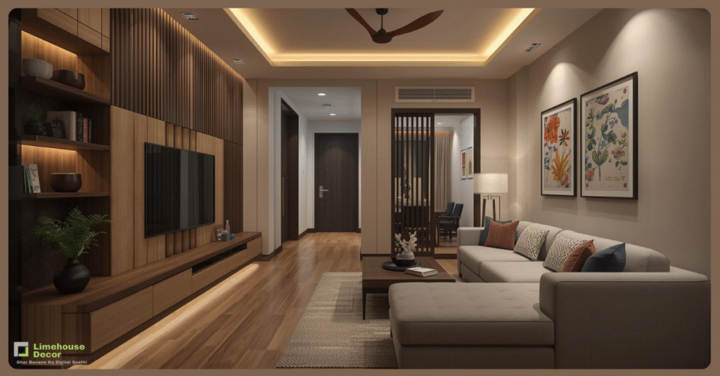 Modern 2BHK living room interior design with modular furniture – Limehouse Decor