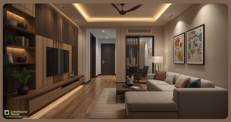 Modern 2BHK living room interior design with modular furniture – Limehouse Decor