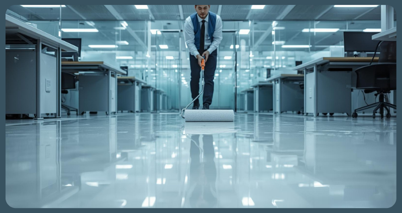 Professional applying epoxy floor paint in commercial office.