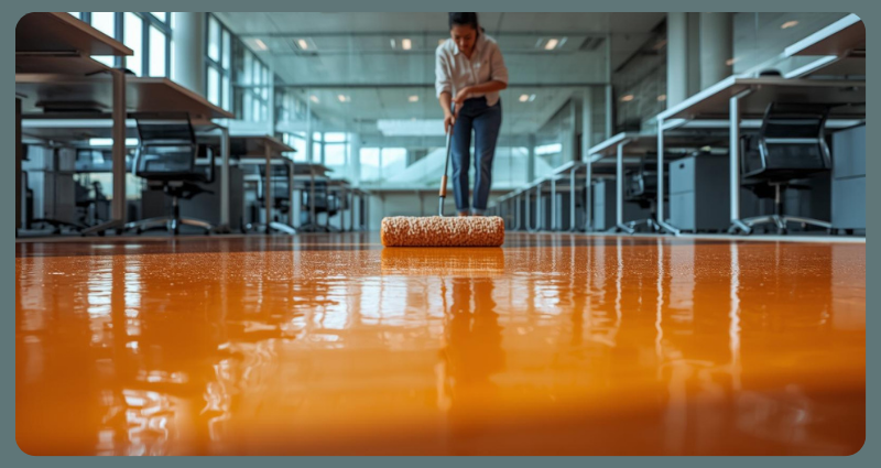 Professional applying epoxy floor paint in commercial office.