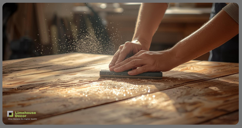 Preparing old furniture for painting using sandpaper.