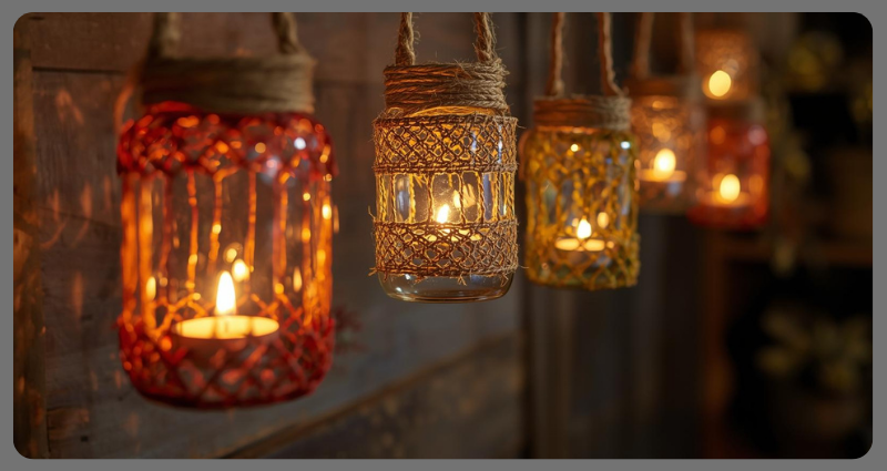 DIY Diwali lanterns made from glass jars and LED lights.