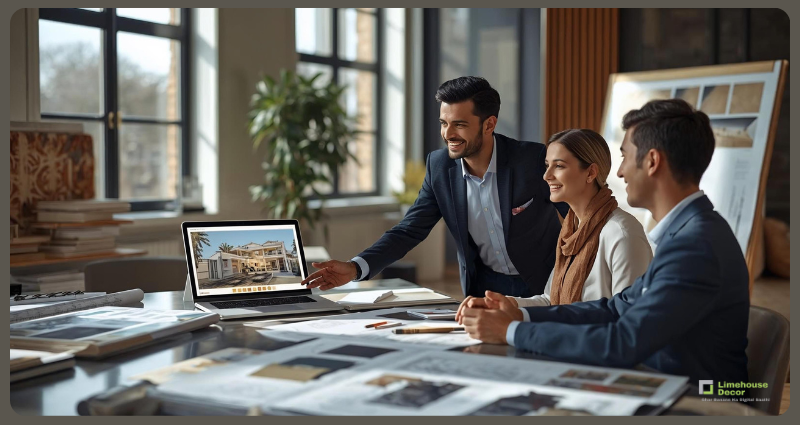 Interior designer showing 3D home design plan to clients