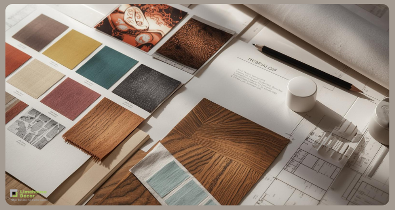 Interior design mood board with color and fabric samples