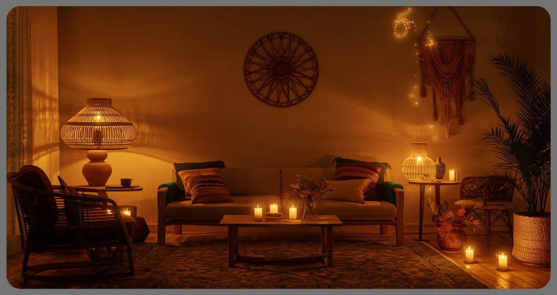 Natural jute and bamboo lamps for eco friendly Diwali home décor.