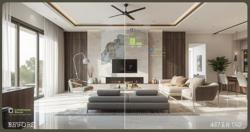 Home Renovation Cost example with before and after 3D design for modern Indian home.