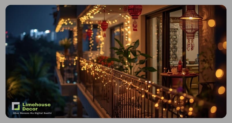 Diwali home decoration ideas with LED lighting 2025 – festive balcony décor inspiration