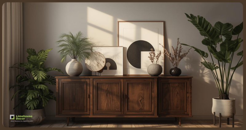 Blending antique cabinet with modern decor accessories.