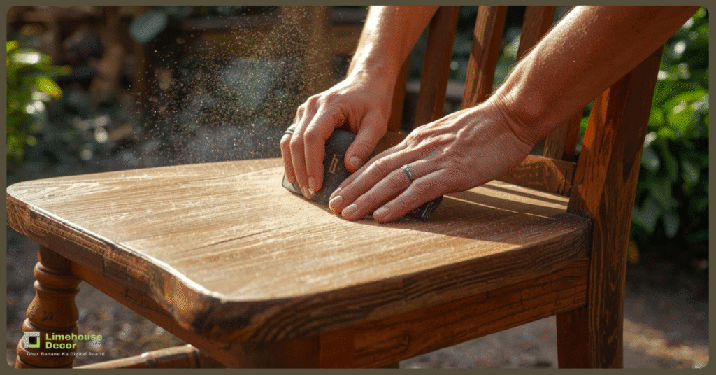 Sanding old furniture before repainting for outdoor use